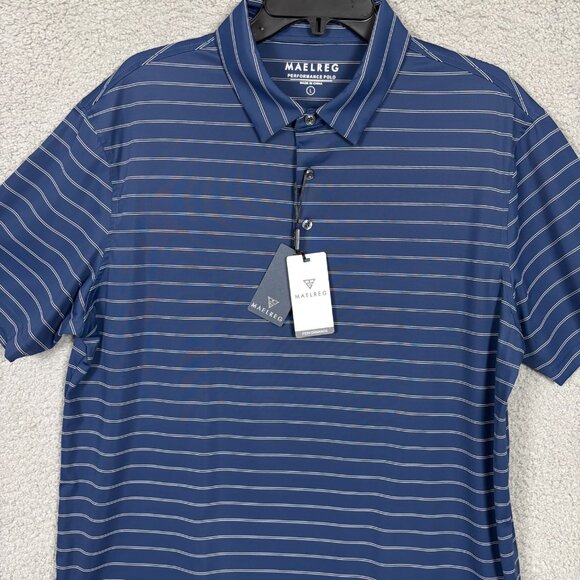Maelreg Mens Performance Polo Shirt Blue Striped Short Sleeve Large NWT's - Picture 2 of 8